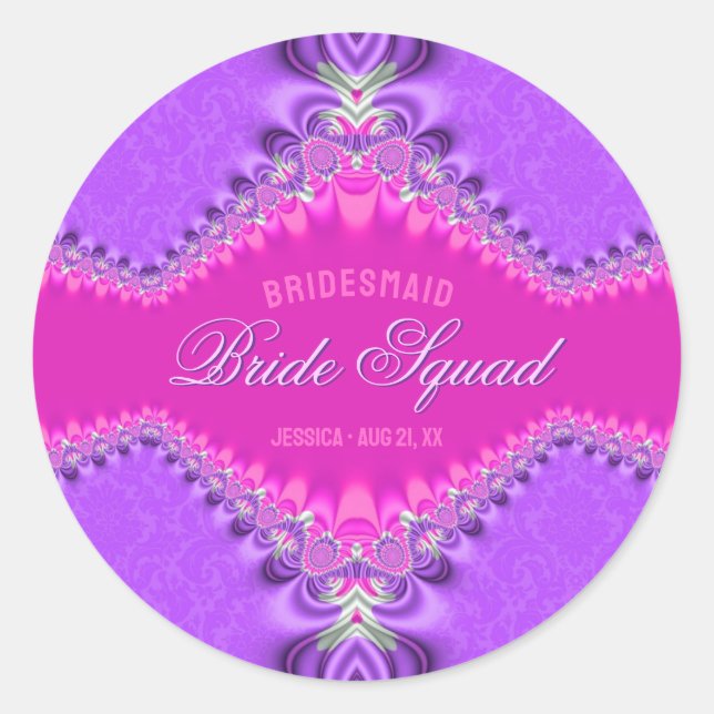 Pink Lila Damask Lace Bridal Squad Runder Aufkleber (Vorderseite)