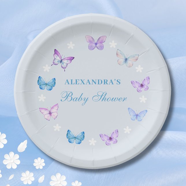 Pink Lila Dusty Blue Butterfly Babydusche Pappteller (Von Creator hochgeladen)