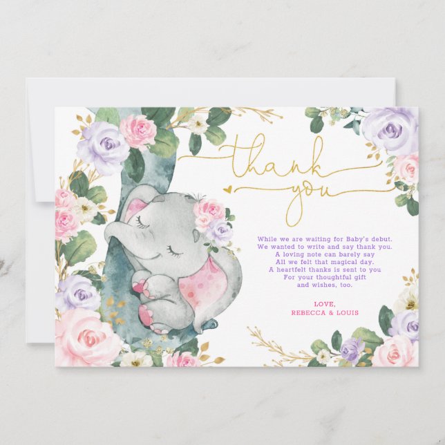 Pink Lila Elephant Baby Dusche Danke Karte (Vorderseite)