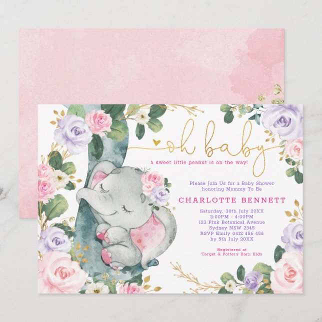 Pink Lila Elephant Floral Girl Babydusche Einladung (Vorne/Hinten)