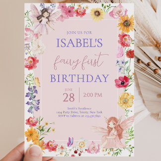 Pink Lila Fairy Erster Geburtstag Einladung