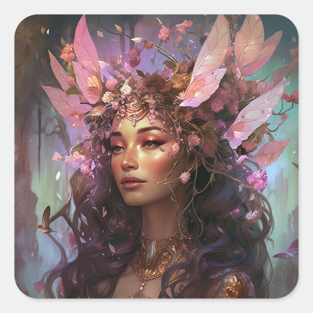 Pink Lila Fairy Queen Fantasy Art Quadratischer Aufkleber (Vorderseite)