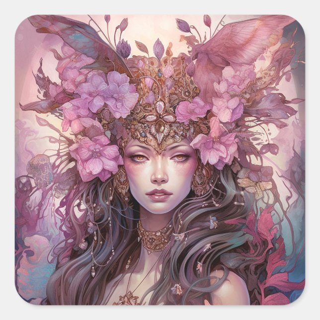 Pink Lila Fairy Queen Fantasy Art Quadratischer Aufkleber (Vorderseite)