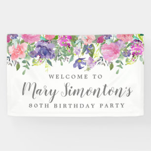 Pink Lila Floral 80. Geburtstagsparty Willkommen Banner