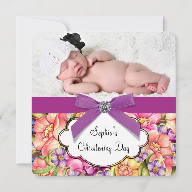 Pink Lila Floral Baby Girl Foto Christening Einladung (Vorderseite)