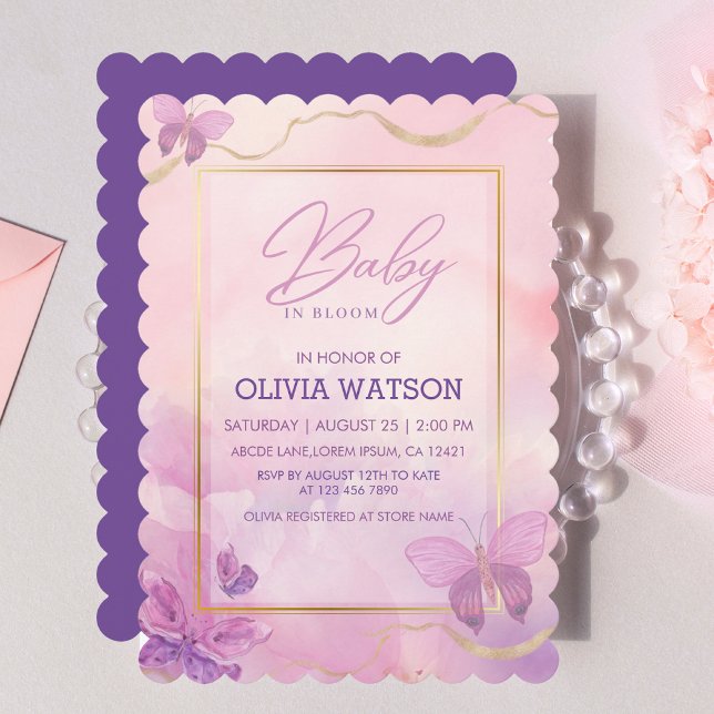 Pink Lila Floral Butterfly Girl Babydusche Einladung (Von Creator hochgeladen)