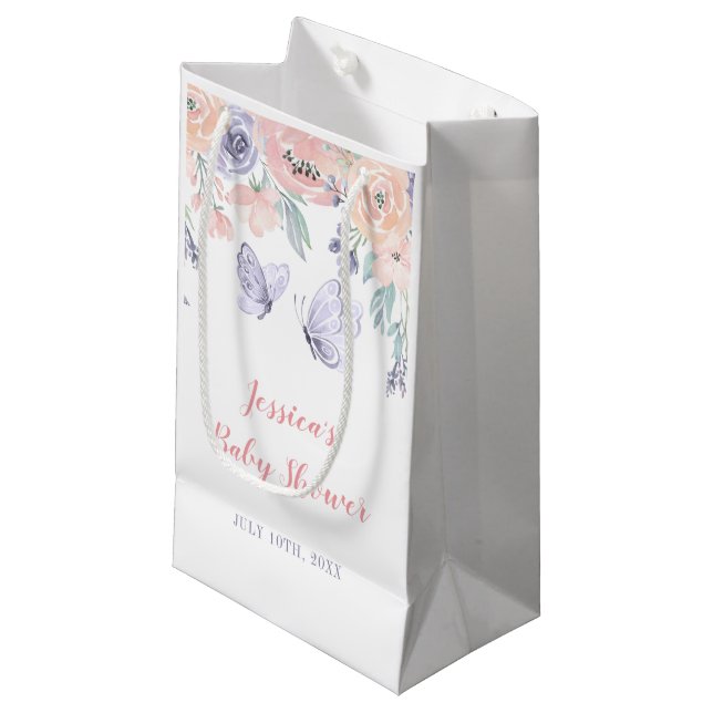 Pink Lila Floral Butterfly Girl Babydusche Kleine Geschenktüte (Vorderseite Schrägansicht)