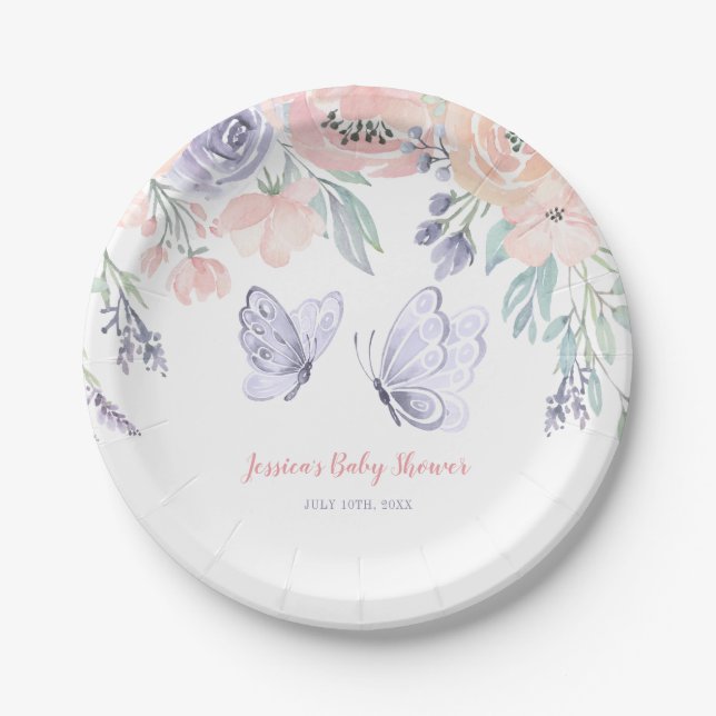 Pink Lila Floral Butterfly Girl Babydusche Pappteller (Vorderseite)