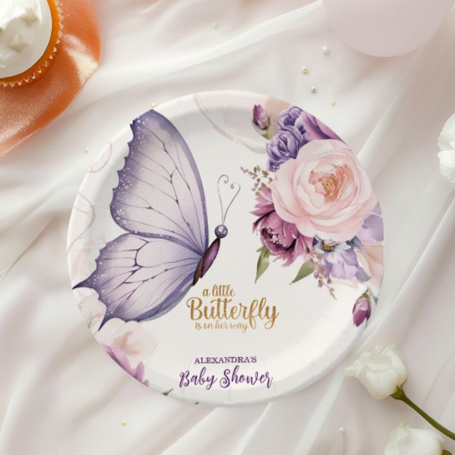 Pink Lila Floral Butterfly Girl Babydusche Pappteller (Von Creator hochgeladen)