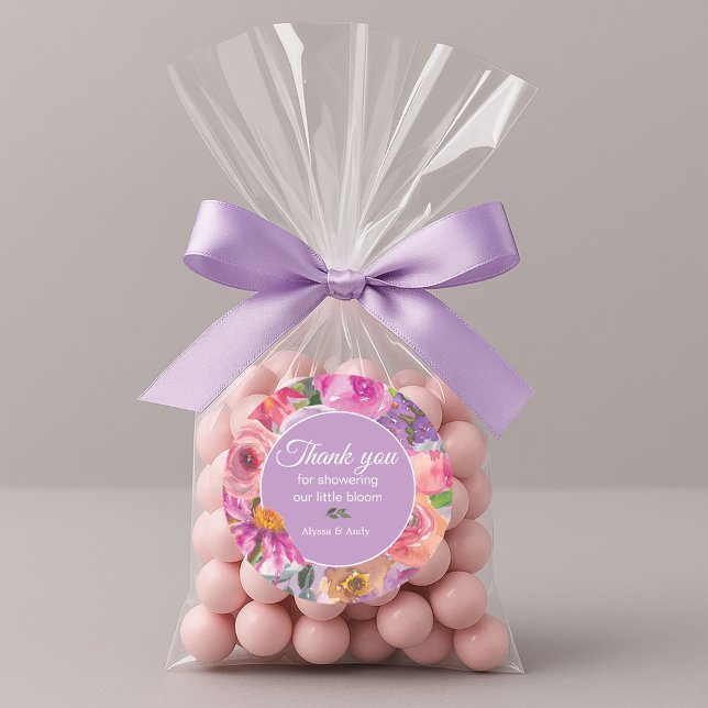 Pink Lila Floral Kleine Blütendusche Runder Aufkleber (Pink and purple watercolor floral baby shower thank you sticker)
