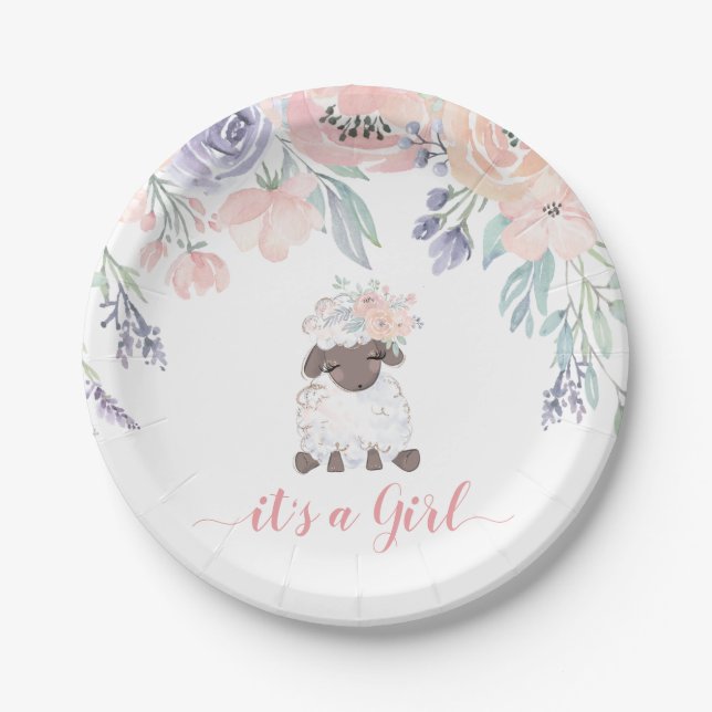 Pink Lila Floral Lamb Girl Dusche Pappteller (Vorderseite)