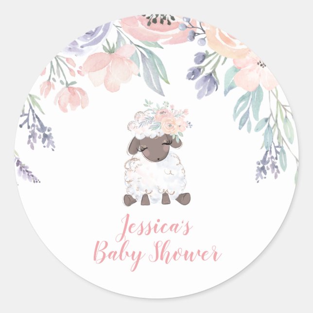 Pink Lila Floral Lamb Girl Dusche Runder Aufkleber (Vorderseite)