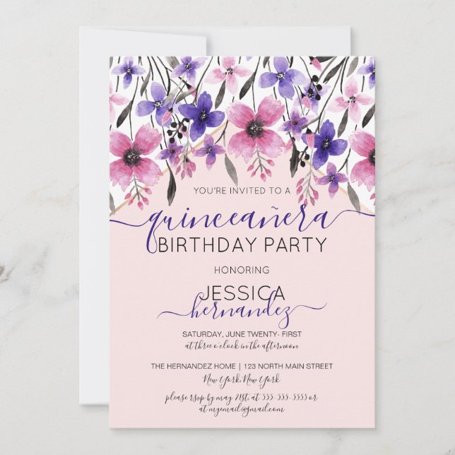 Pink Lila Floral Wasserfarbe Quinceañera Einladung (Vorderseite)