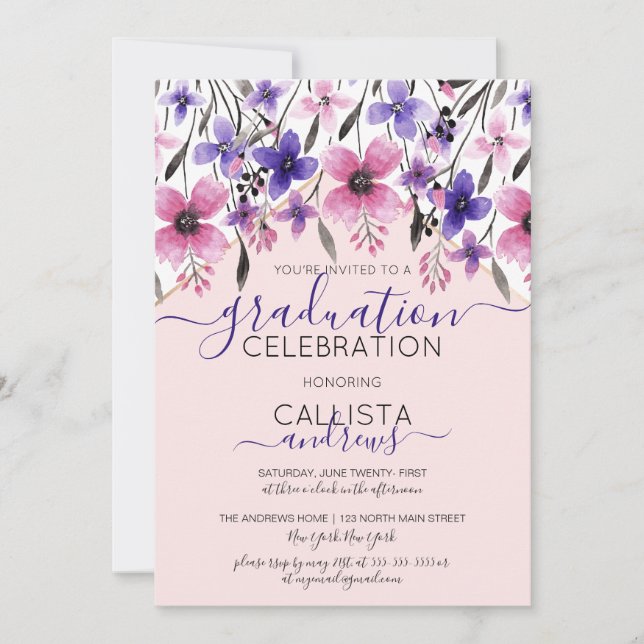 Pink Lila Floral Water Graduation Party Einladung (Vorderseite)
