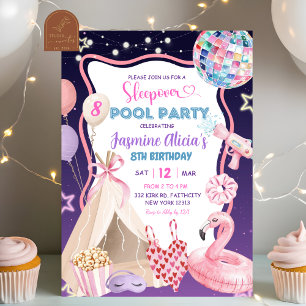 Pink Lila Girl Sleepover Pool Party Geburtstag Einladung