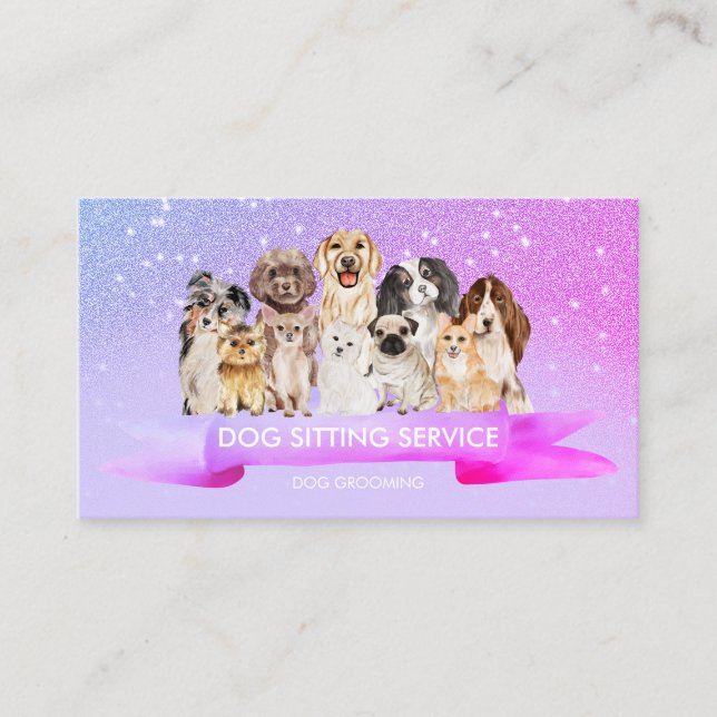 Pink Lila Glitz Petsitter Dog Groomer Visitenkarte (Vorderseite)