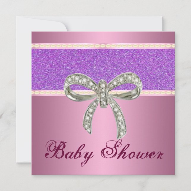 Pink Lila Glitzer Diamond Bow Babydusche einladen Einladung (Vorderseite)