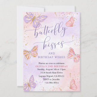 Pink Lila Gold Butterfly Kisses Birthday Einladung