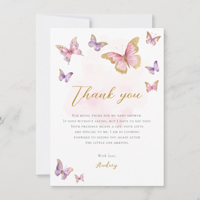 Pink Lila Gold Kleine Butterfly Girl Babydusche Dankeskarte (Vorderseite)