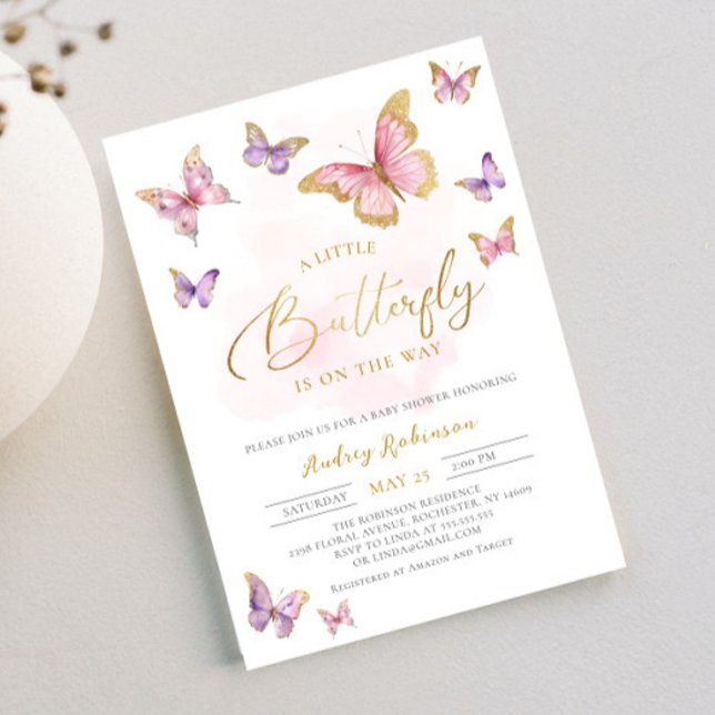 Pink Lila Gold Kleine Butterfly Girl Babydusche Einladung (Von Creator hochgeladen)