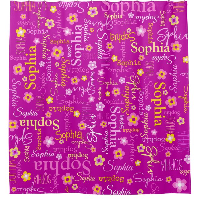 Pink lila grafische Blume Textname personalisieren Duschvorhang (Vorderseite)