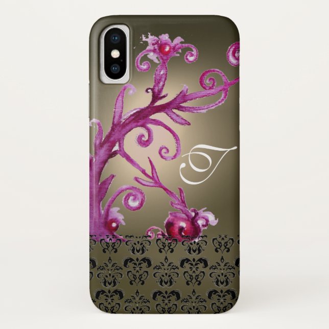 PINK LILA Graue WIRBEL, FLORALES DAMASK-MONOGRAMM Case-Mate iPhone Hülle (Rückseite)