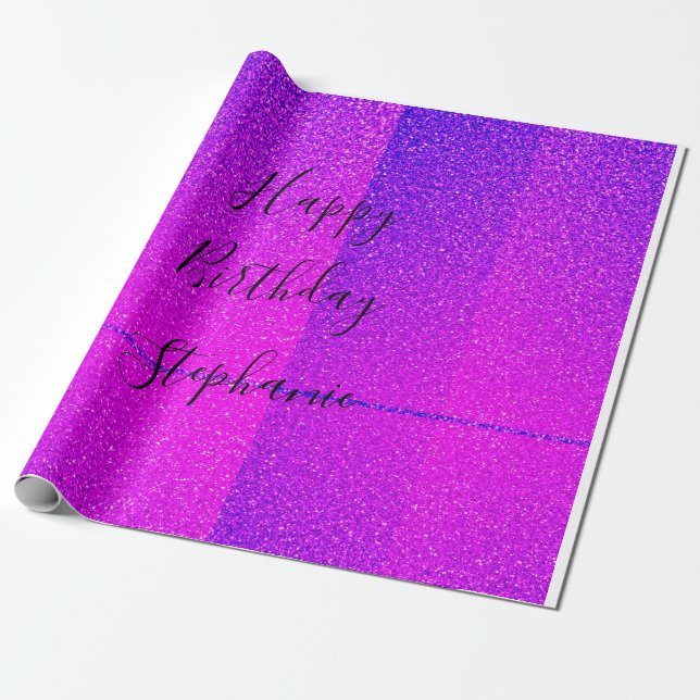 Pink Lila Happy Birthday Glitzer Individuelle Name Geschenkpapier (Ungerollt)