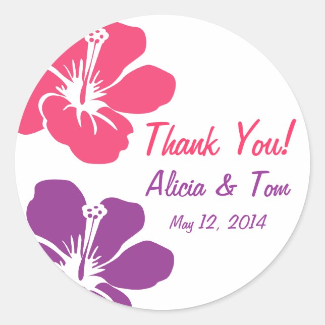 Pink Lila Hibiskus Hochzeit Danke Sticker (Vorderseite)