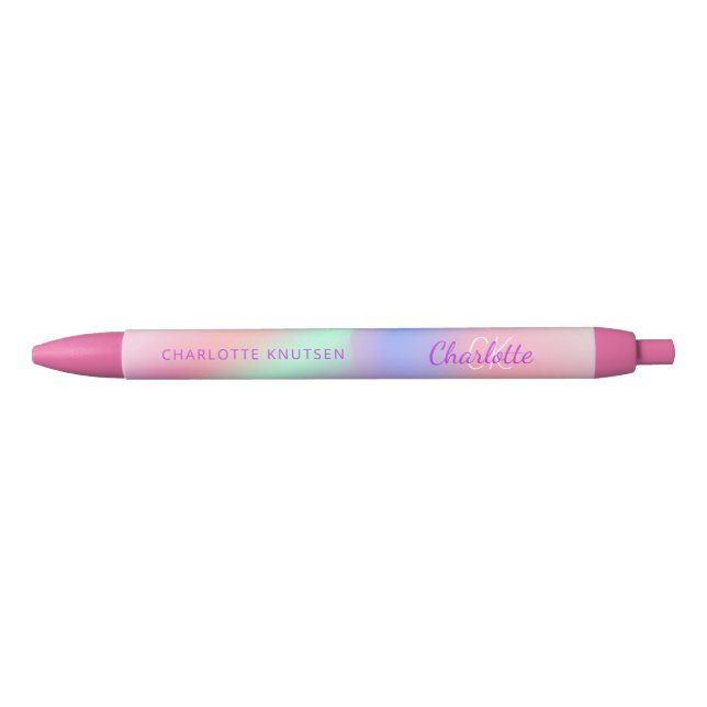 Pink lila holografische Monogrammnamenskripte Kugelschreiber (Vorderseite)