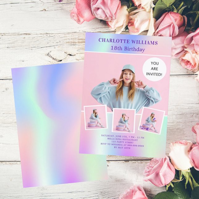Pink lila holografischen Foto Luxus Geburtstag Einladung (Von Creator hochgeladen)