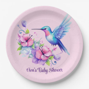 Pink & Lila Hummingbird Floral Girl Babydusche Pappteller