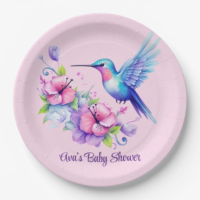 Pink & Lila Hummingbird Floral Girl Babydusche Pappteller (Vorderseite)