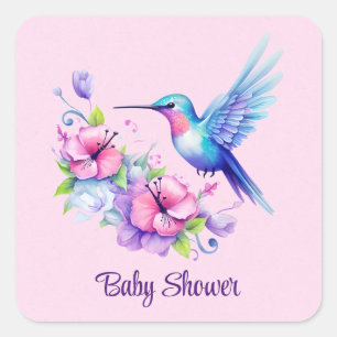 Pink & Lila Hummingbird Floral Girl Babydusche Quadratischer Aufkleber