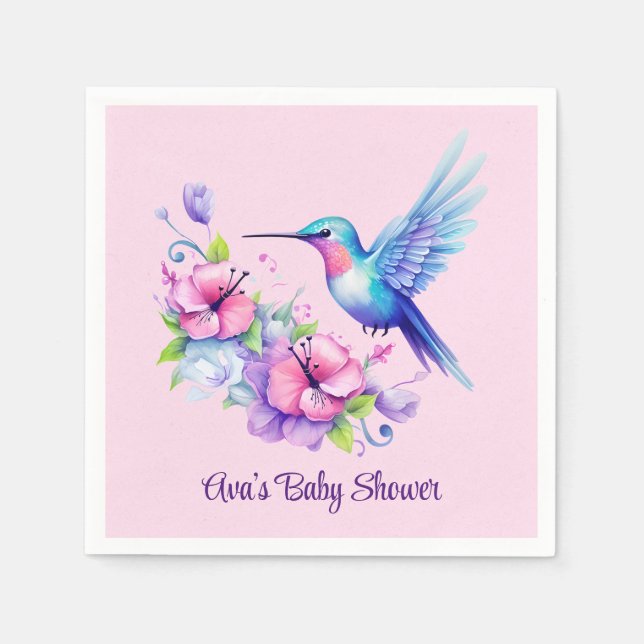 Pink & Lila Hummingbird Floral Girl Babydusche Serviette (Vorderseite)