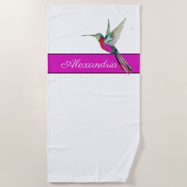 Pink Lila Hummingbird Monogramm Name Strandtuch (Vorderseite)