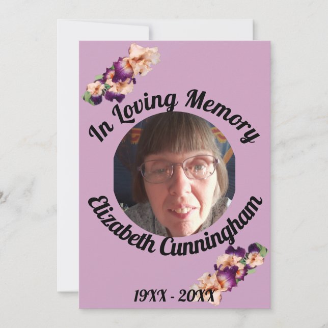 Pink Lila Iris Memory Foto Gedächtniskarte Einladung (Vorderseite)