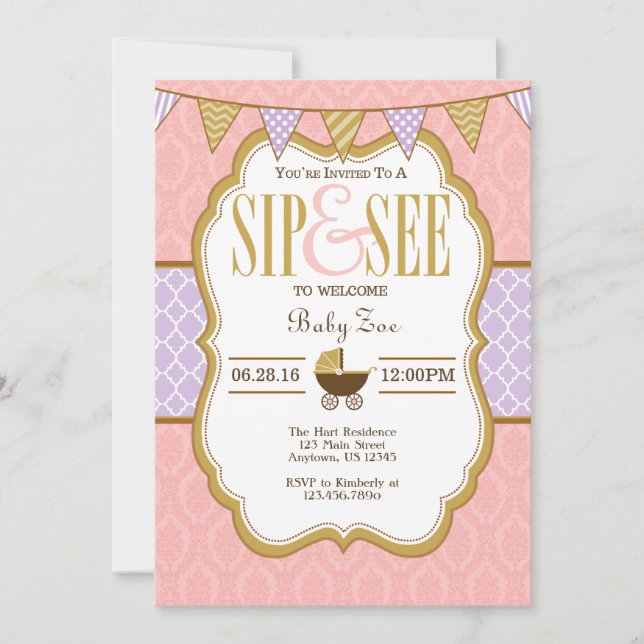Pink Lila Lavendel Gold Sip und sehen Sie Einladun Einladung (Vorderseite)
