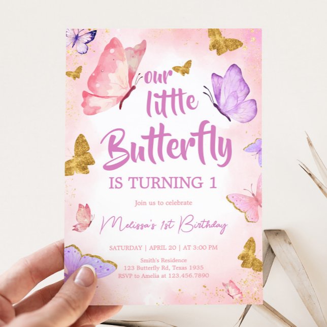 Pink Lila Little Butterfly Geburtstagsparty Einladung (Pink Purple Whimsical Little Butterfly Birthday Party Invitation)
