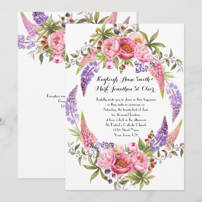 Pink Lila Lupines Peonies Wasserfarbenhochzeiten Einladung (Vorne/Hinten)