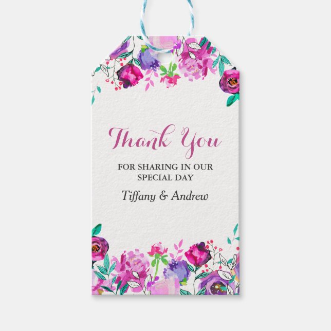 Pink Lila Mint Wasserfarbe Blume Hochzeit Geschenkanhänger (Vorderseite)