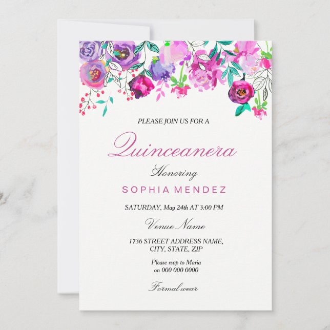 Pink Lila Minze Wasserfarben Blume Quinceanera Einladung (Vorderseite)