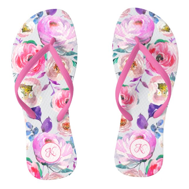 Pink, Lila, Monogramm, blutfarbig gestrichen Flip Flops (Fußbett)