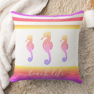 Pink lila ombre 3 Seepferds Beach Life Script Kissen