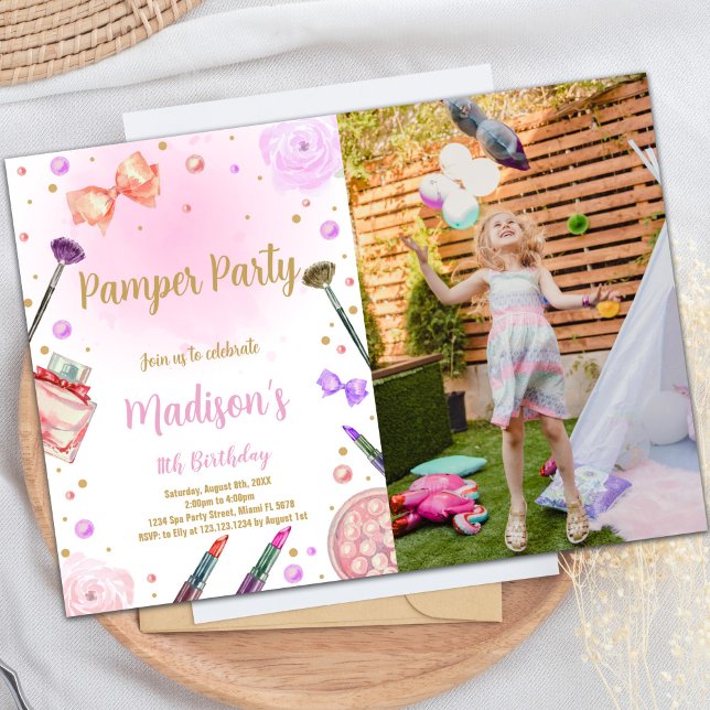 Pink Lila Pamper Party Geburtstag Einladungen Foto (Pink Purple Pamper Party Birthday Invitations phot)
