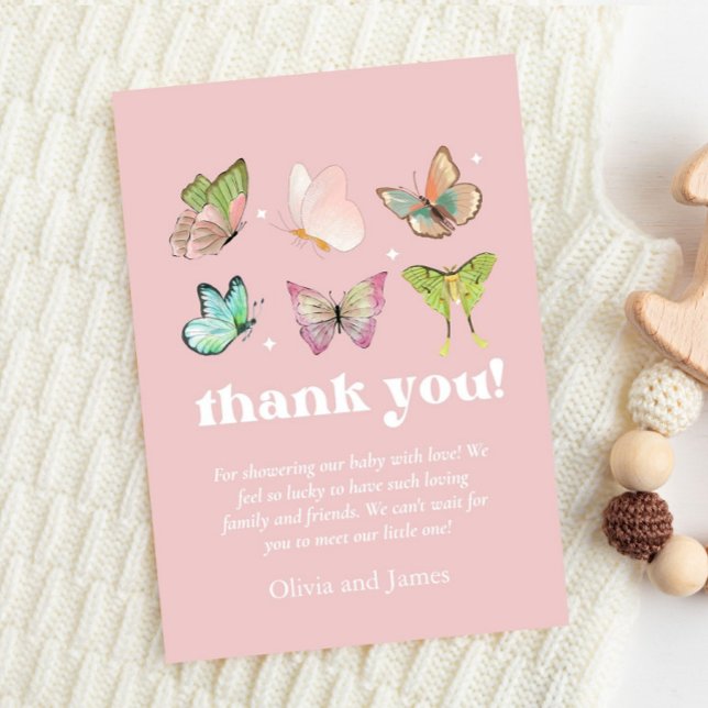 Pink Lila Pastel Butterfly Girl Babydusche Dankeskarte (butterfly baby shower, lavender purple pink watercolor flowers, girl, modern and unique, butterflies)