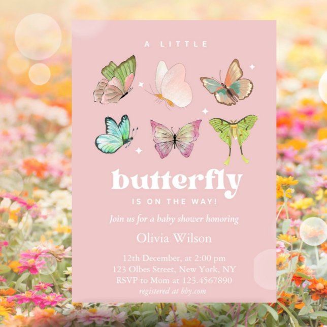 Pink Lila Pastel Butterfly Girl Babydusche Einladung (Pink Purple Pastel Butterfly Girl Baby Shower)