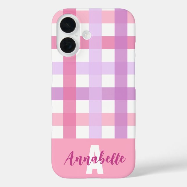 Pink Lila Pastell Gingham Pattern Monogram iPhone 16 Hülle (Rückseite)