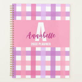 Pink Lila Pastell Monogram Gingham Pattern Planer