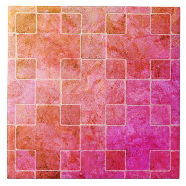 Pink Lila Peach Boho Square Muster Keramik Tile Fliese (Vorderseite)