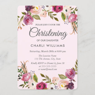 Pink Lila Peach Floral Girl Christening Taufe Einladung